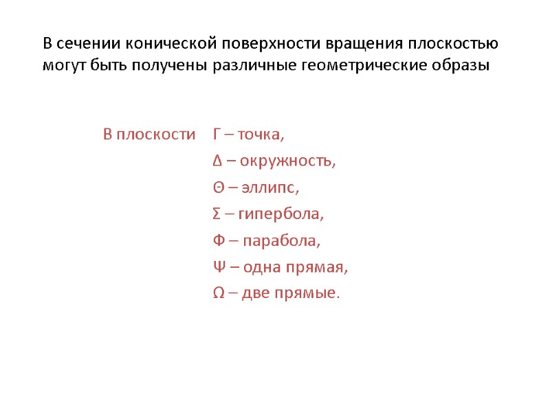 В сечении конической поверхности вращения плоскостью могут быть получены различные геометрические образы В плоскости